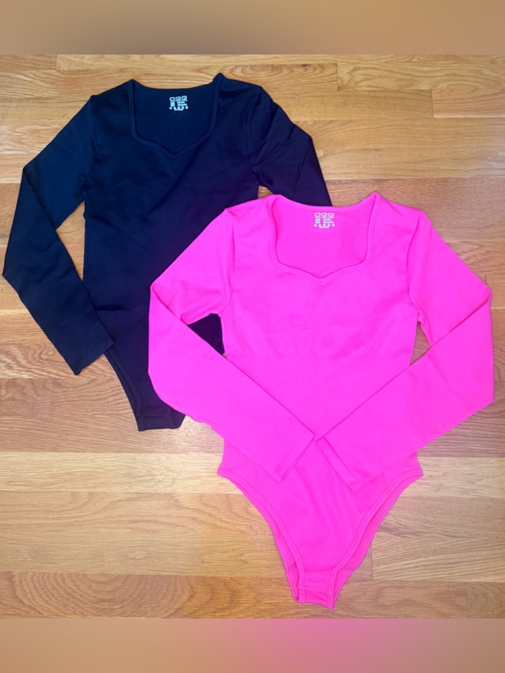 OQQ Bodysuit Bundle 2 NWOT Long Sleeve Pink Black Square Neck Seamless M